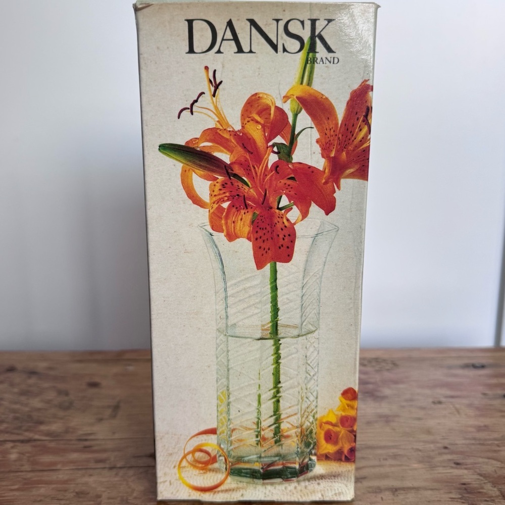 Vintage Dansk Wildflower glass vase with diagonal pattern in original box